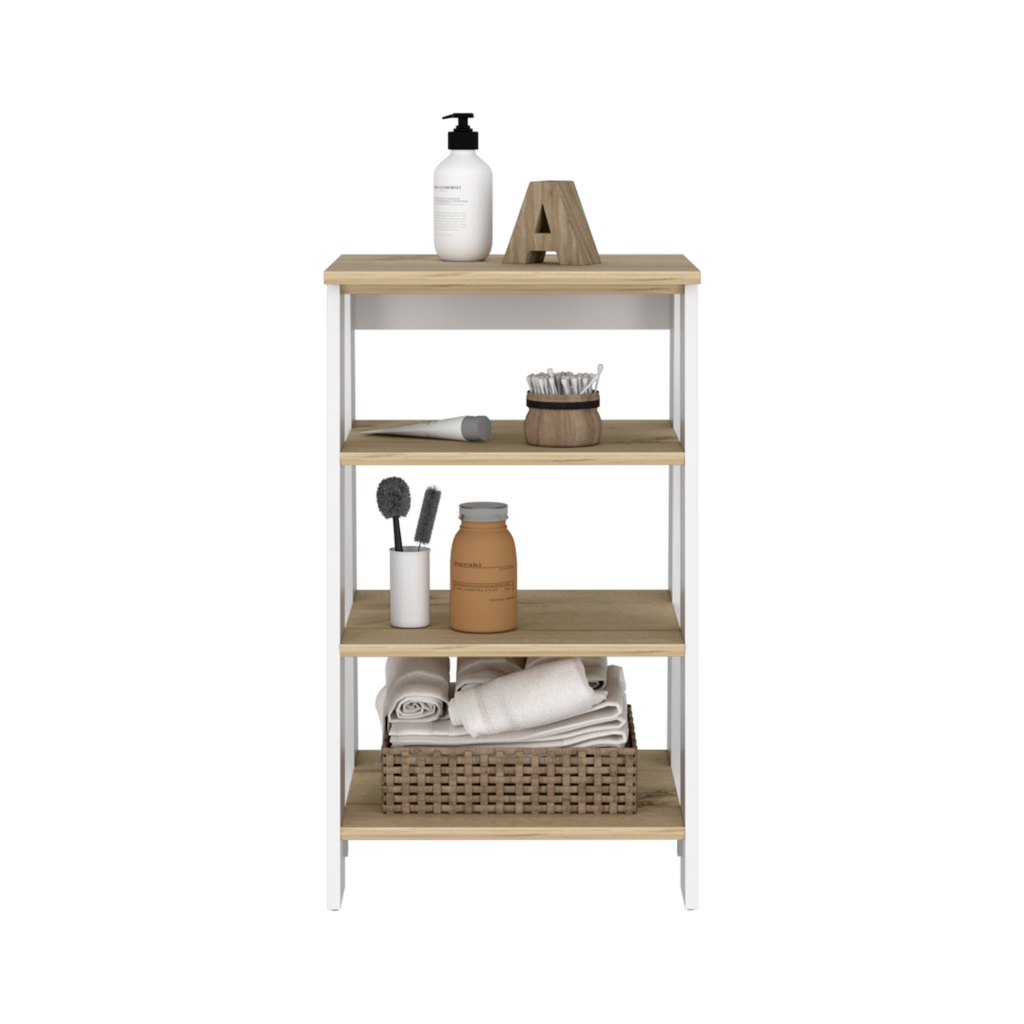 Linen Cabinet Jenne, Four Open Shelves, Light Oak / White Finish, Goodies N Stuff