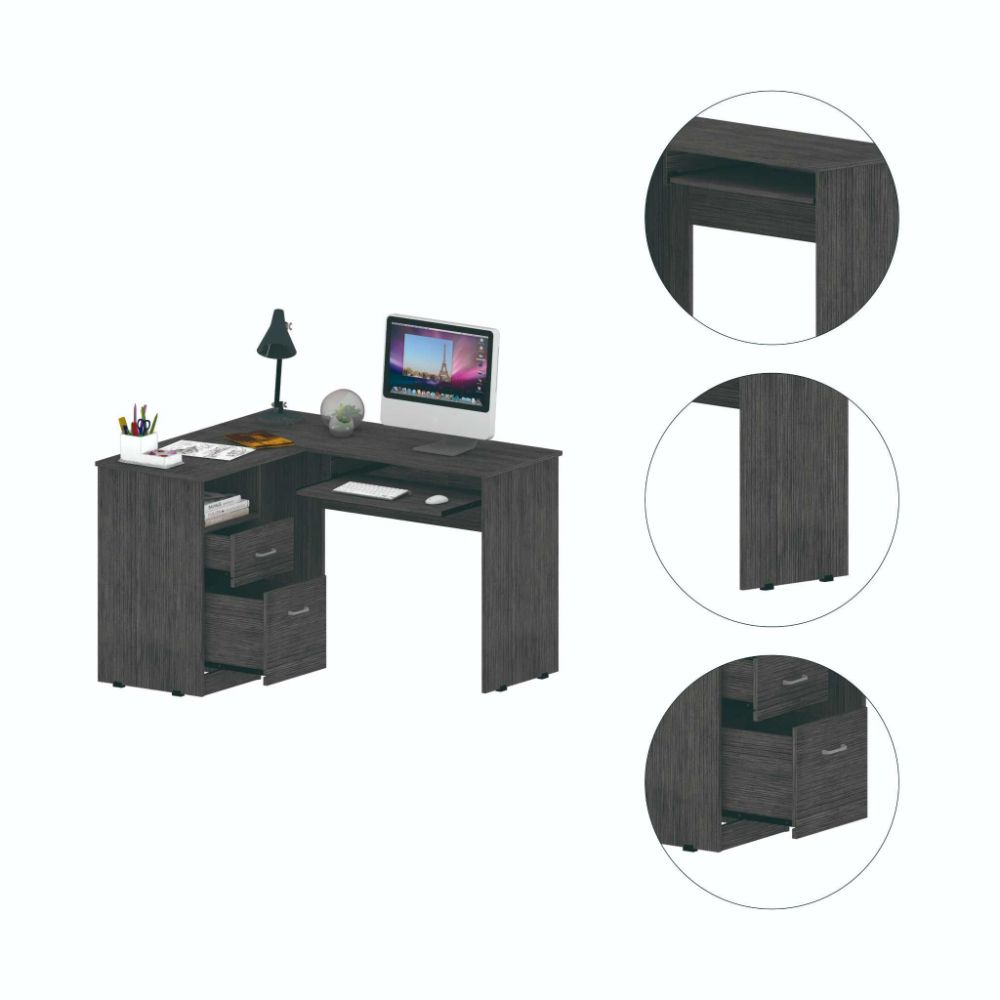 L-Shaped Desk Bradford, Keyboard Shelf, Smokey Oak Finish, Goodies N Stuff