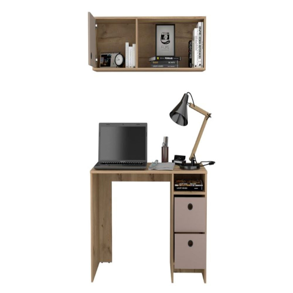 Office Set Budest, Two Drawers, Wall Cabinet, Single Door Cabinet, Light Oak Finish, Goodies N Stuff