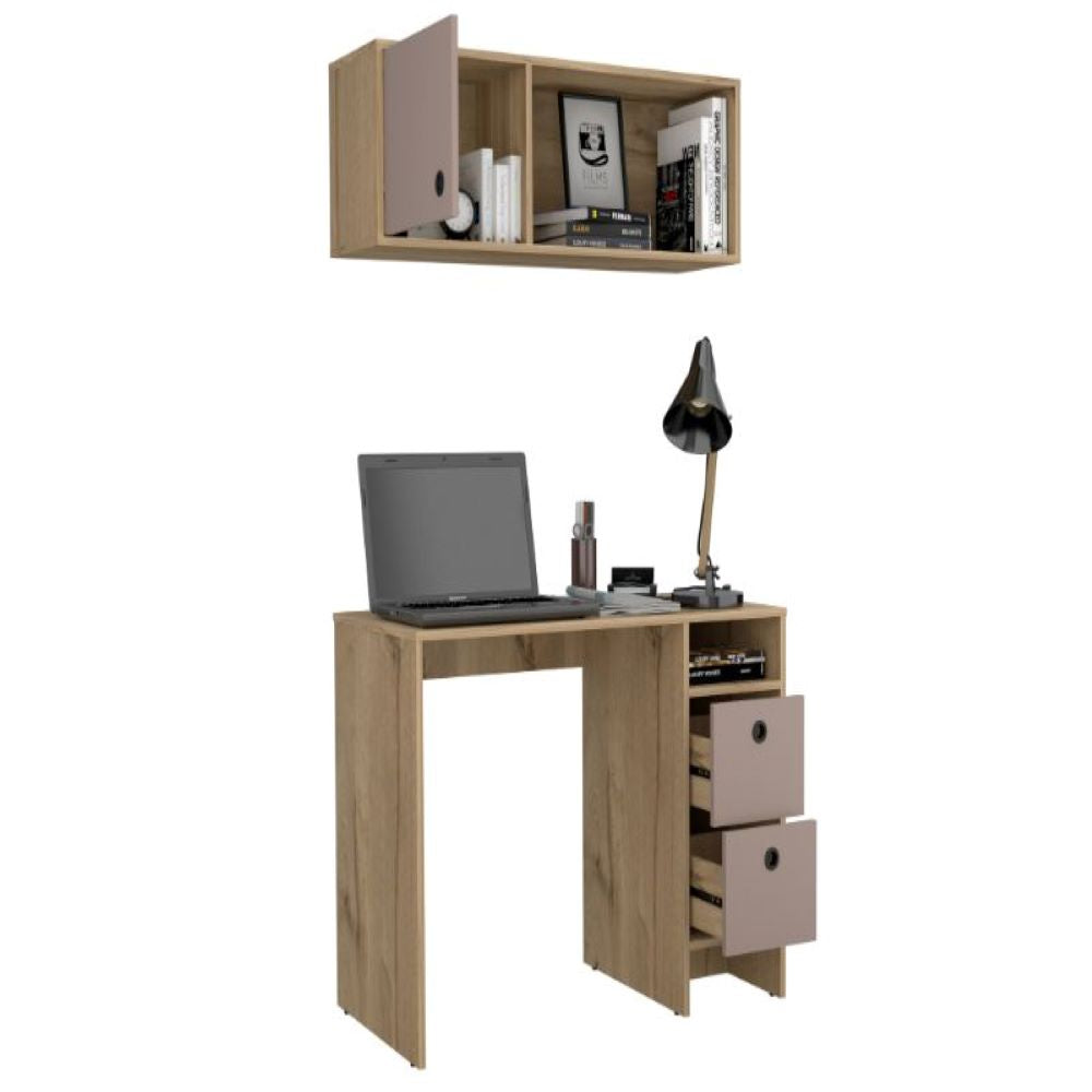 Office Set Budest, Two Drawers, Wall Cabinet, Single Door Cabinet, Light Oak Finish, Goodies N Stuff