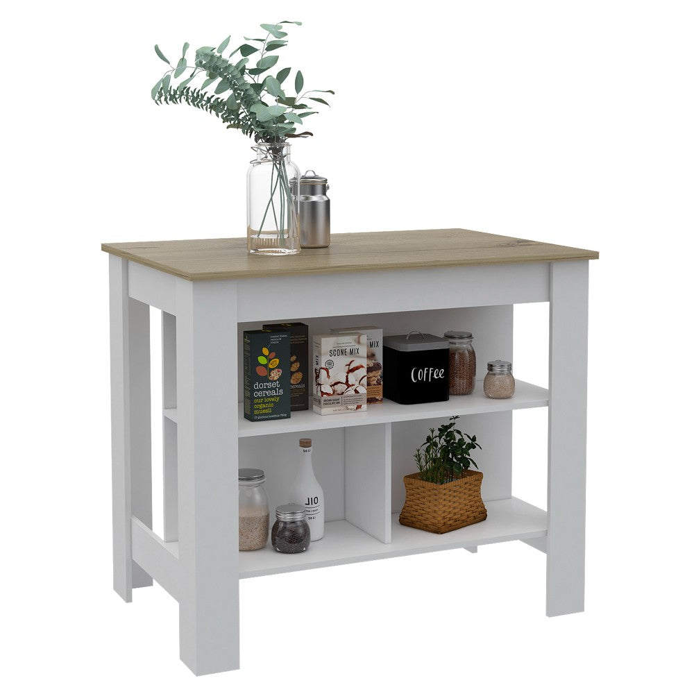 Kitchen Island Dozza, Three Shelves, White / Light Oak Finish, Furniture, Goodies N Stuff