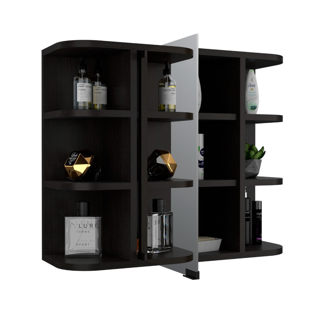 Milano Medicine Cabinet with Six External Shelves, Mirror, and Black Wengue Finish, Goodies N Stuff