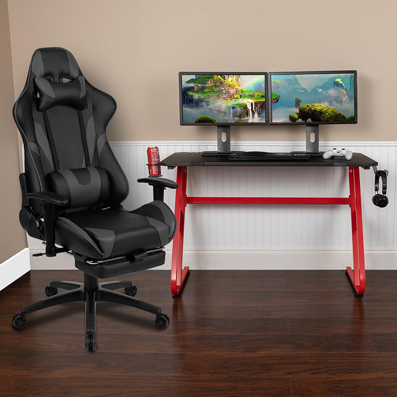 Red Gaming Desk with Cup Holder/Headphone Hook & Gray Reclining Gaming Chair with Footrest, Goodies N Stuff