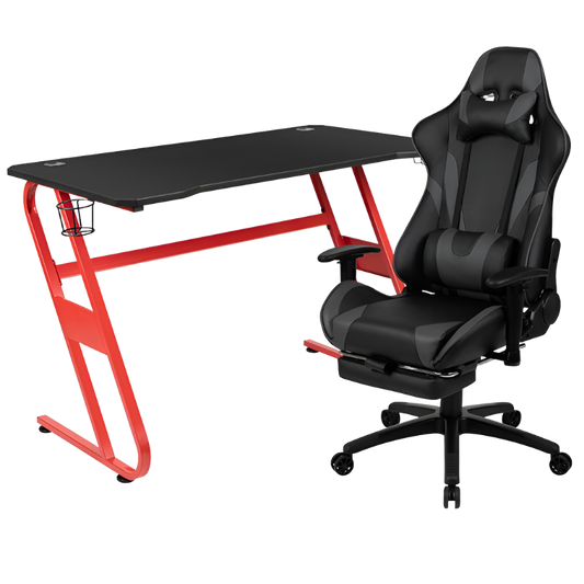 Red Gaming Desk with Cup Holder/Headphone Hook & Gray Reclining Gaming Chair with Footrest, Goodies N Stuff