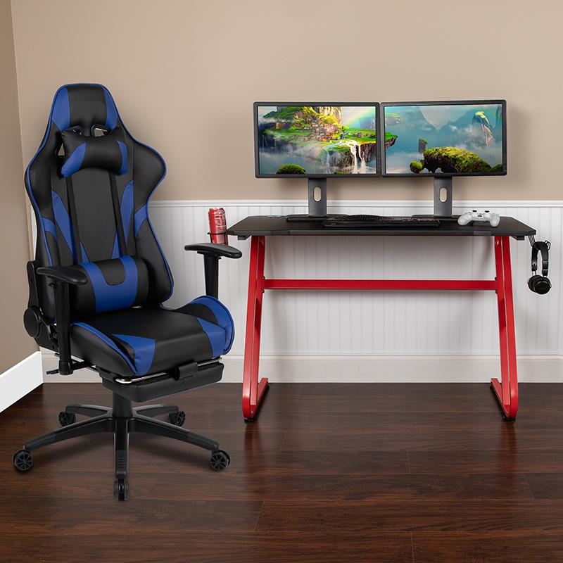 Red Gaming Desk with Cup Holder/Headphone Hook & Blue Reclining Gaming Chair with Footrest, Goodies N Stuff