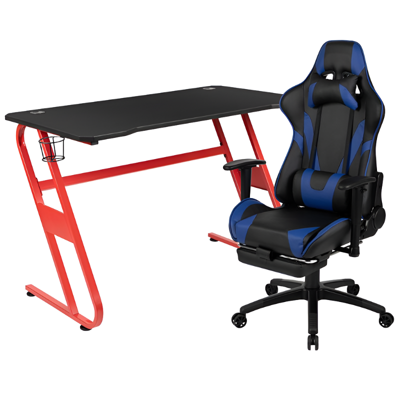 Red Gaming Desk with Cup Holder/Headphone Hook & Blue Reclining Gaming Chair with Footrest, Goodies N Stuff