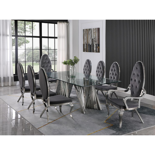 Classic 9pc Dining Set w/Uph Tufted Side/Arm Chair, Glass Table w/ Silver Spiral Base, Dark Grey, Goodies N Stuff