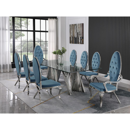 Classic 9pc Dining Set w/Uph Tufted Side/Arm Chair, Glass Table w/ Silver Spiral Base, Teal, Goodies N Stuff