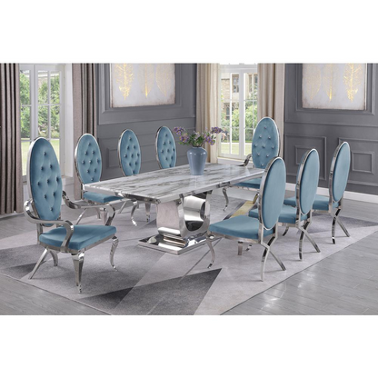 White Marble 9pc Set Tufted Faux Crystal Chairs and Arm Chairs in Teal Velvet, Goodies N Stuff