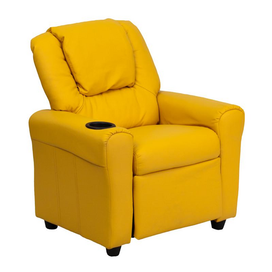 Contemporary Yellow Vinyl Kids Recliner with Cup Holder and Headrest, Goodies N Stuff