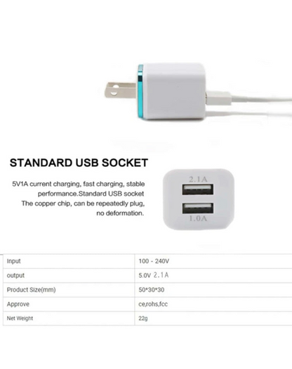 USB Wall Charger Plug Block Cube 2 Port Portable Fast Charger, Goodies N Stuff