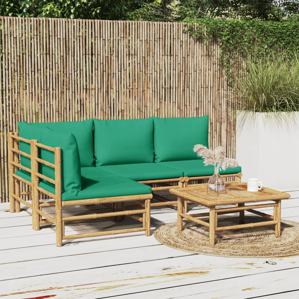 vidaXL 5 Piece Patio Lounge Set with Green Cushions Bamboo