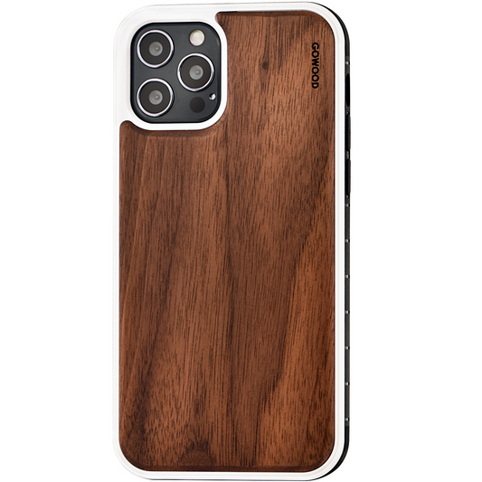 iPhone 12 and iPhone 12 Pro wood case walnut backside with TPU bumper and white PC, Goodies N Stuff