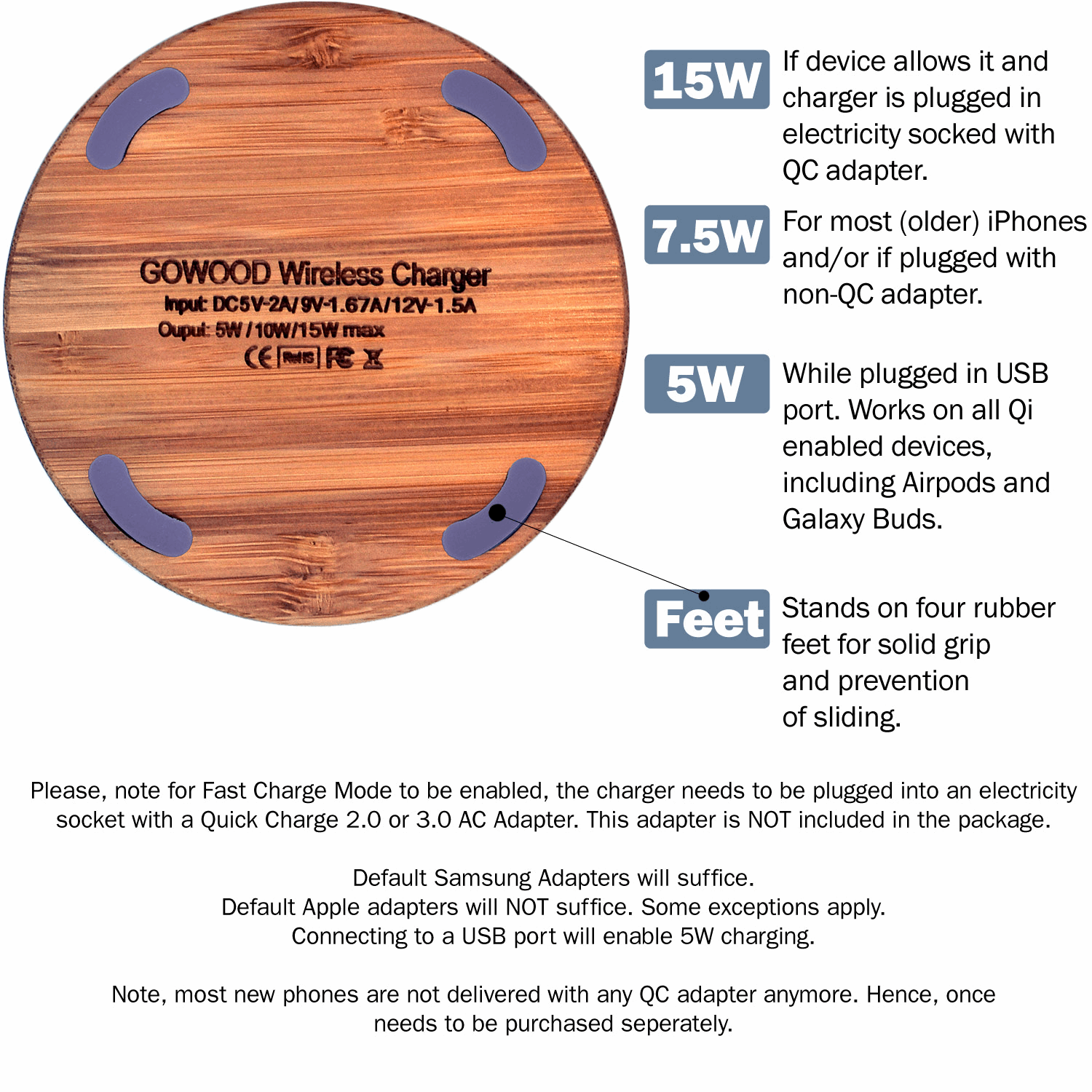 15W Fast Charge Bamboo Wood Wireless Charger, Goodies N Stuff