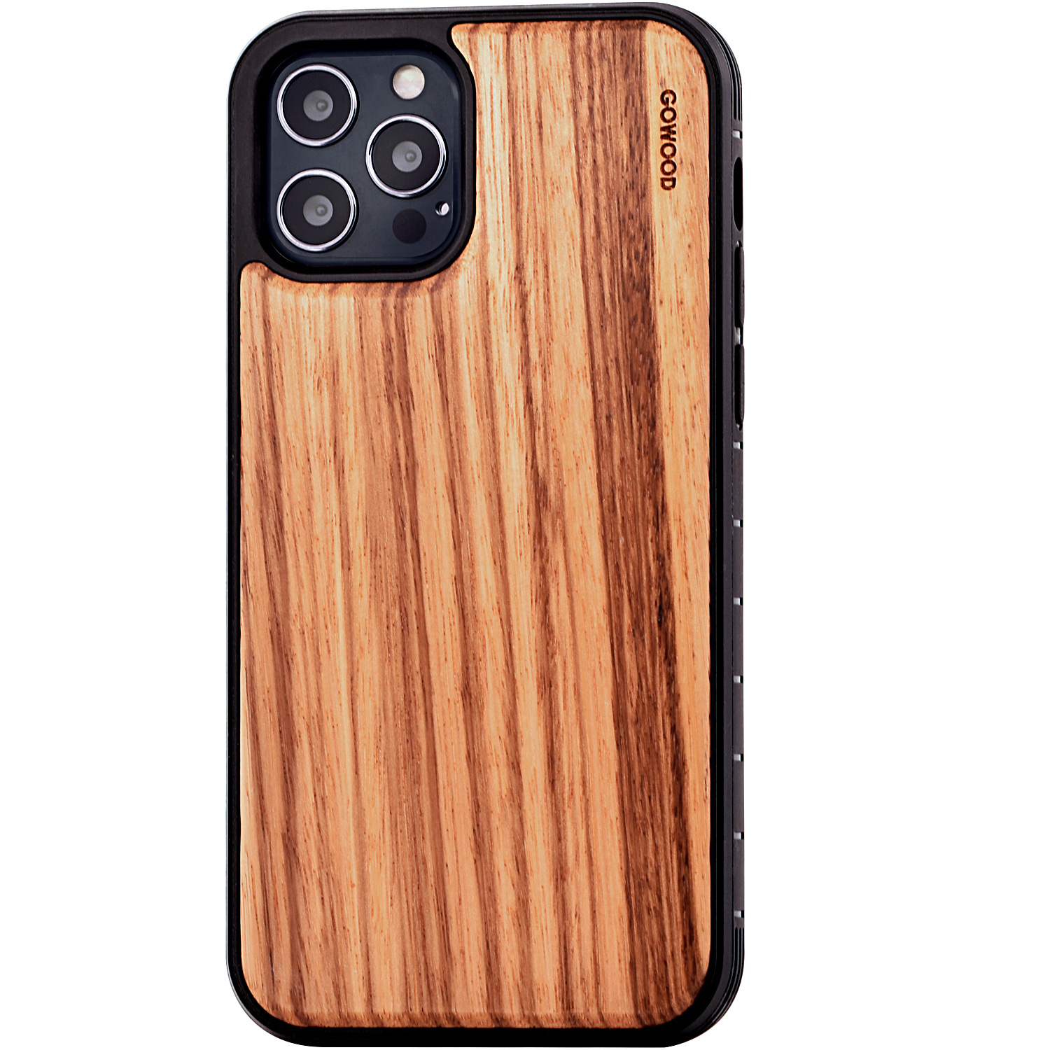 iPhone 12 and iPhone 12 Pro wood case zebra backside with TPU bumper and black PC, Goodies N Stuff