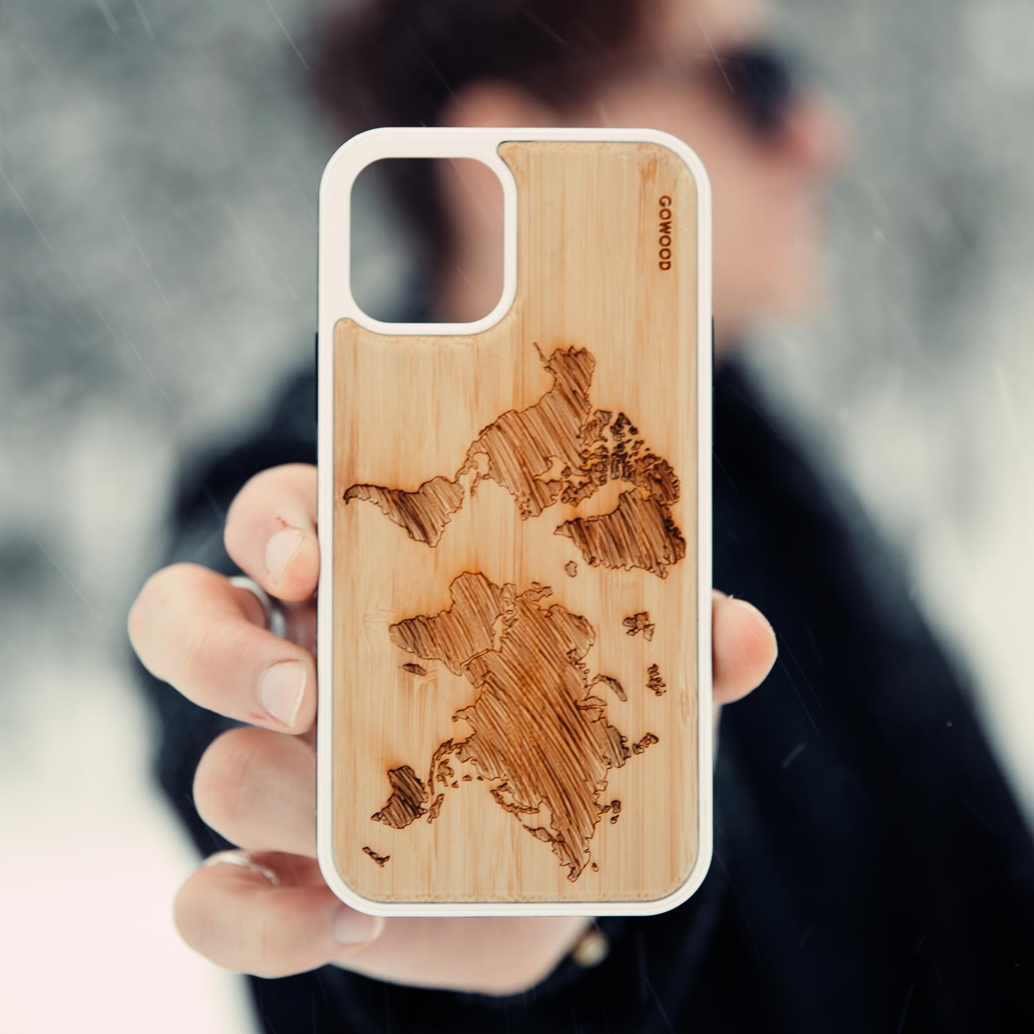 iPhone 12 and iPhone 12 Pro wood case world map engraved bamboo backside with TPU bumper, Goodies N Stuff