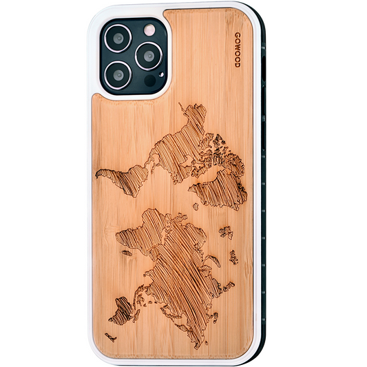iPhone 12 and iPhone 12 Pro wood case world map engraved bamboo backside with TPU bumper, Goodies N Stuff
