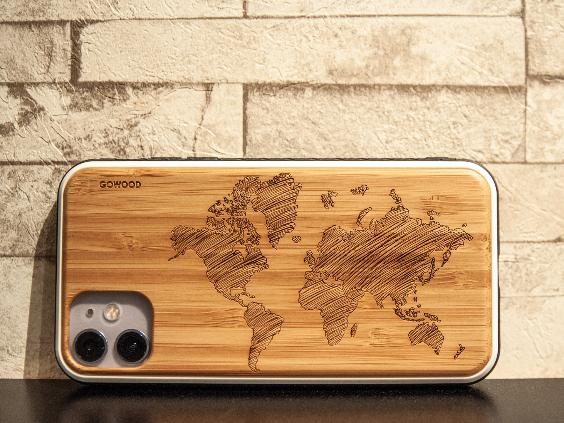 iPhone 11 Pro wood case world map engraved bamboo backside with TPU bumper, Goodies N Stuff
