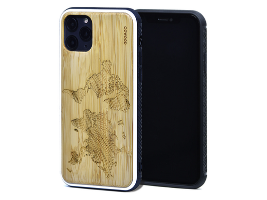 iPhone 11 Pro wood case world map engraved bamboo backside with TPU bumper, Goodies N Stuff