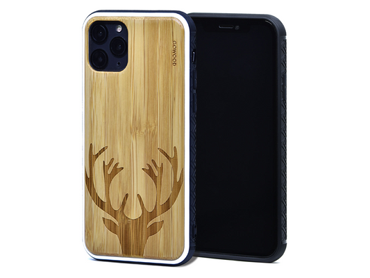 iPhone 11 Pro wood case deer engraved bamboo backside with TPU bumper, Goodies N Stuff