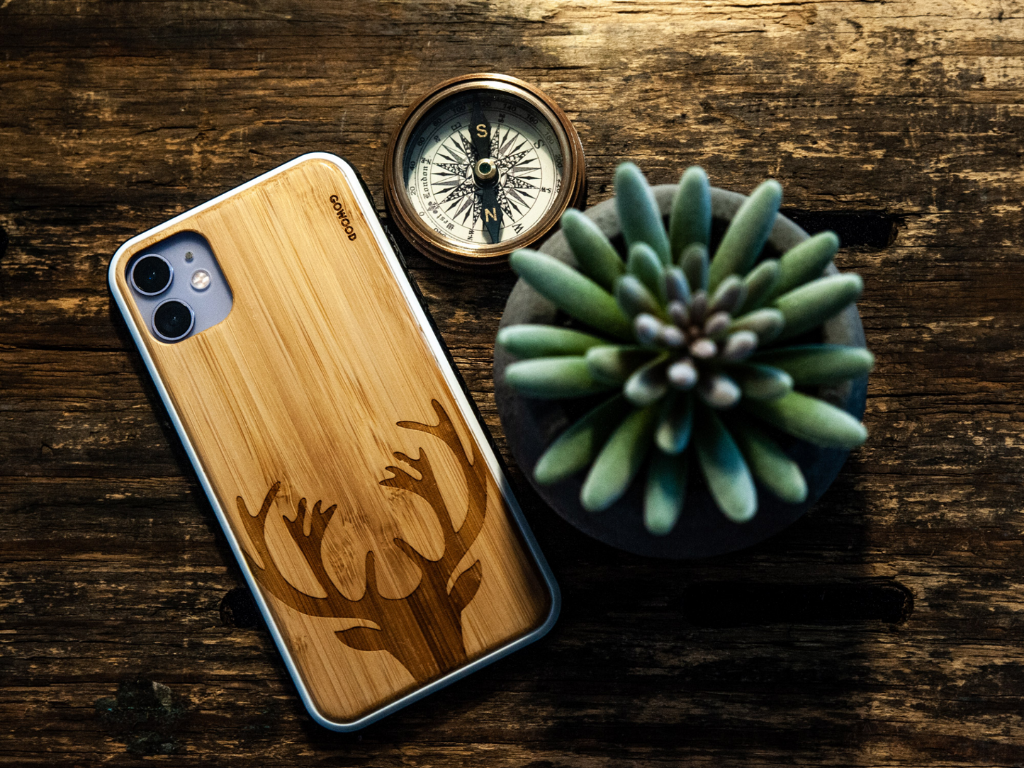 iPhone 11 Pro wood case deer engraved bamboo backside with TPU bumper, Goodies N Stuff