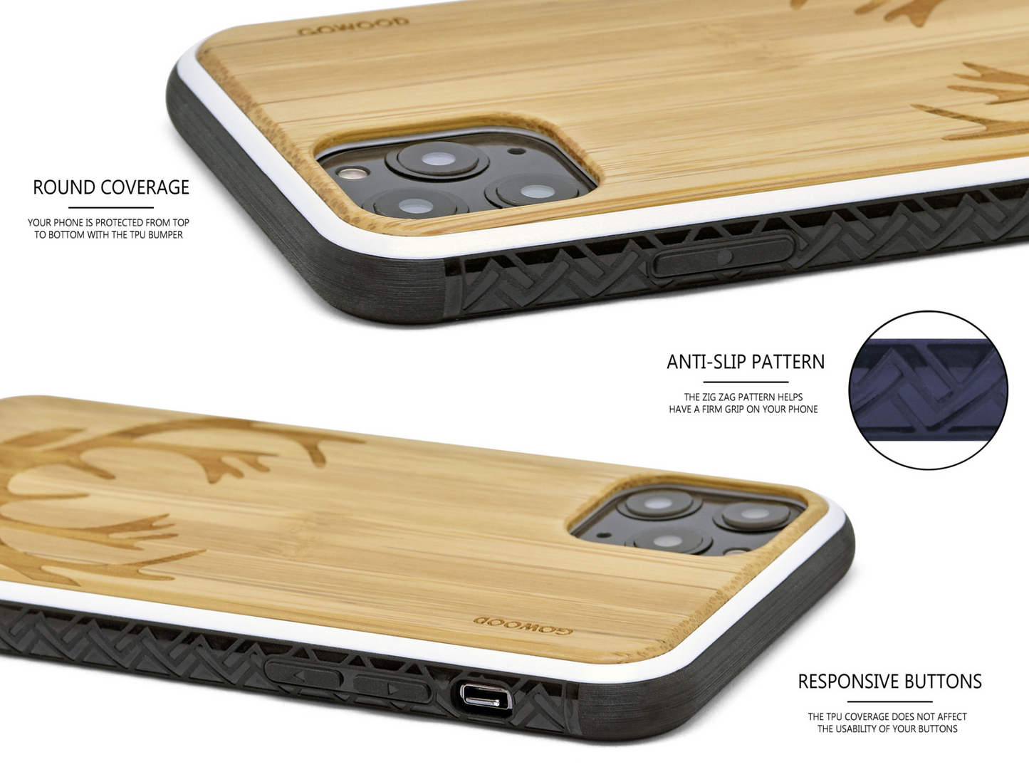 iPhone 11 Pro wood case deer engraved bamboo backside with TPU bumper, Goodies N Stuff