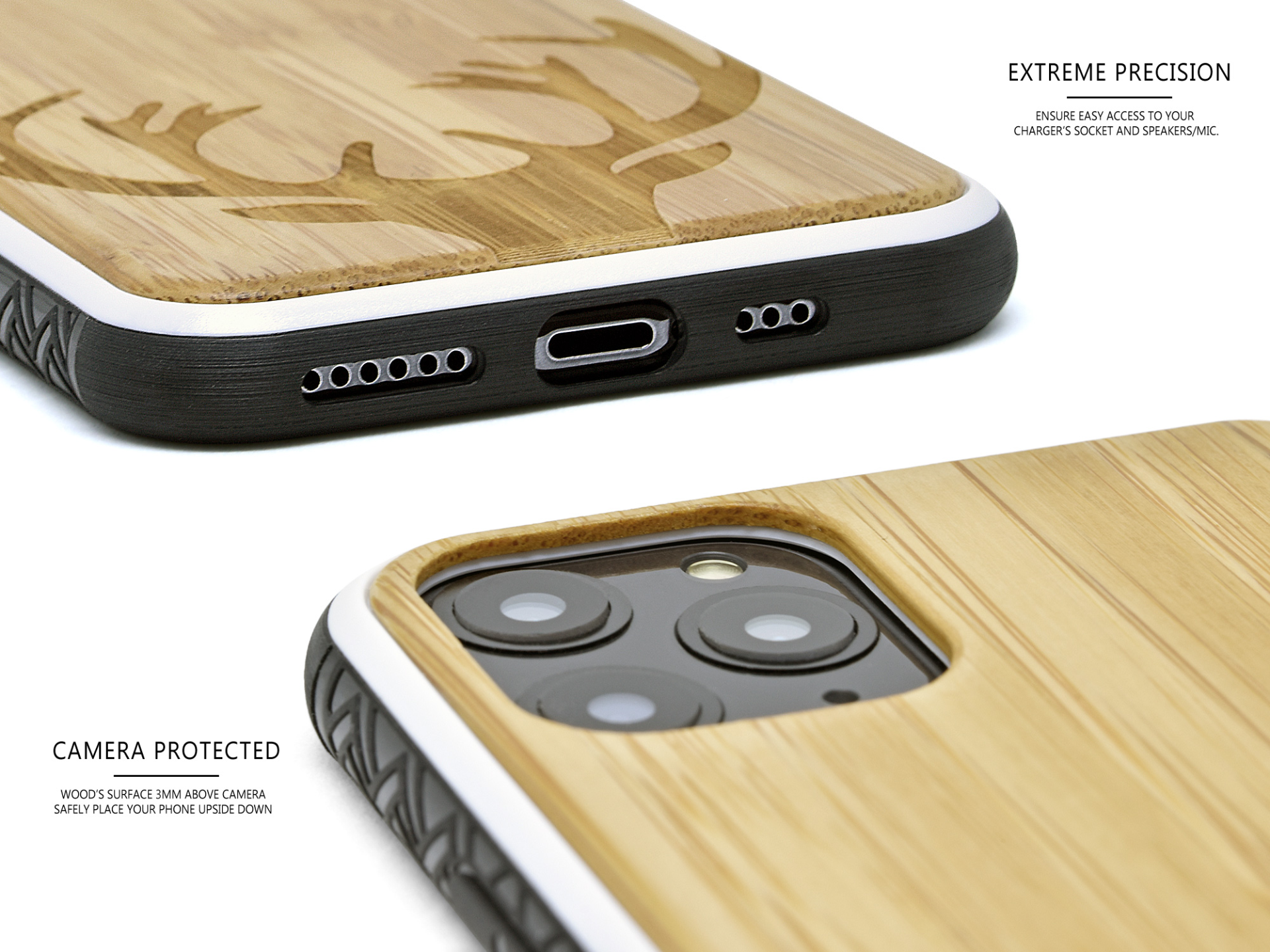 iPhone 11 Pro wood case deer engraved bamboo backside with TPU bumper, Goodies N Stuff