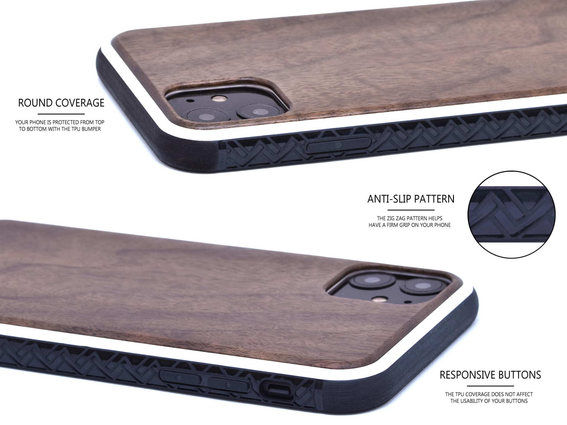 iPhone 11 wood case walnut backside with TPU bumper, Goodies N Stuff