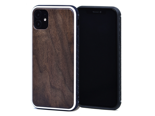 iPhone 11 wood case walnut backside with TPU bumper, Goodies N Stuff