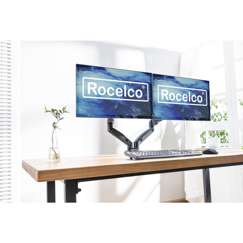 Rocelco Premium Double Monitor Desk Mount with USB 2.0 And Audio Port - Fits Dual 13" - 27" LED LCD Flat Screens - Pneumatic Full Motion Assist Adjustable Arm - Grommet and C Clamp - Black (R MA2), Goodies N Stuff