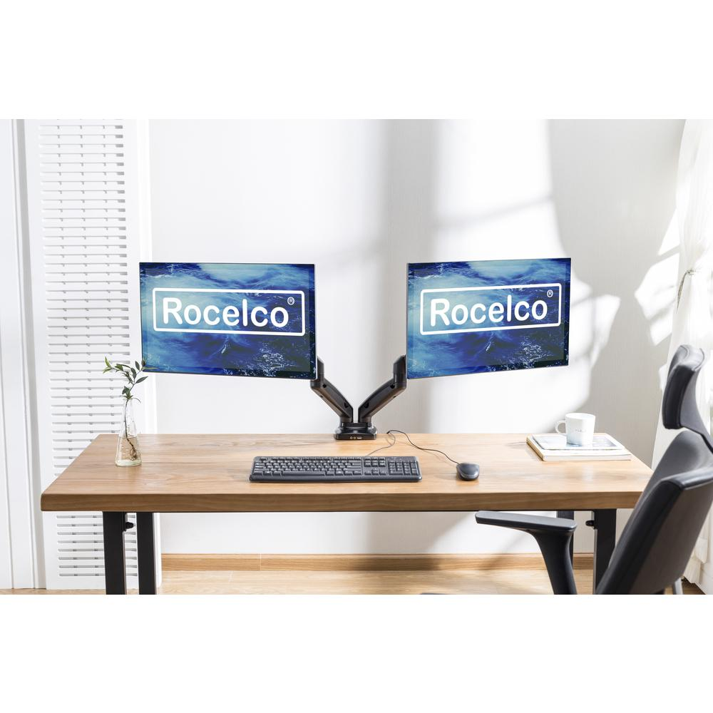 Rocelco Premium Double Monitor Desk Mount with USB 2.0 And Audio Port - Fits Dual 13" - 27" LED LCD Flat Screens - Pneumatic Full Motion Assist Adjustable Arm - Grommet and C Clamp - Black (R MA2), Goodies N Stuff