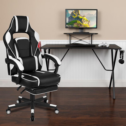 Black Gaming Desk with Cup Holder/Headphone Hook/Monitor Stand & White Reclining Back/Arms Gaming Chair with Footrest, Uncategorized, Goodies N Stuff