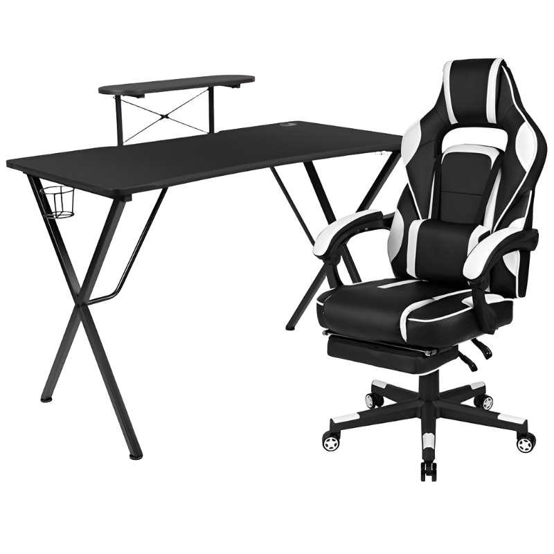 Black Gaming Desk with Cup Holder/Headphone Hook/Monitor Stand & White Reclining Back/Arms Gaming Chair with Footrest, Uncategorized, Goodies N Stuff