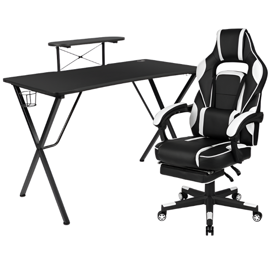 Black Gaming Desk with Cup Holder/Headphone Hook/Monitor Stand & White Reclining Back/Arms Gaming Chair with Footrest, Uncategorized, Goodies N Stuff