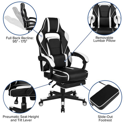 Black Gaming Desk with Cup Holder/Headphone Hook/Monitor Stand & White Reclining Back/Arms Gaming Chair with Footrest, Uncategorized, Goodies N Stuff