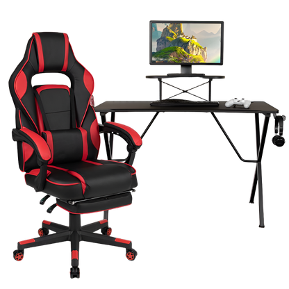 Black Gaming Desk with Cup Holder, Headphone Hook, and Monitor Stand & Red Reclining Gaming Chair with Footrest, Goodies N Stuff