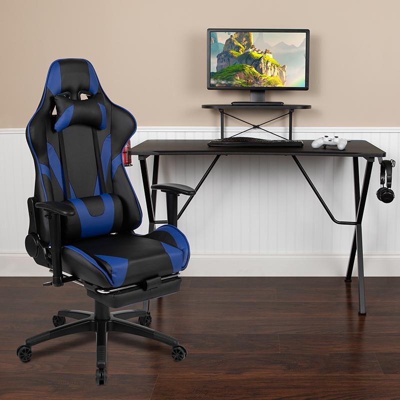 Black Gaming Desk with Cup Holder/Headphone Hook and Monitor/Smartphone Stand & Blue Reclining Gaming Chair with Footrest, Uncategorized, Goodies N Stuff