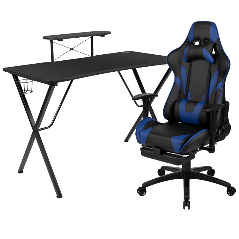 Black Gaming Desk with Cup Holder/Headphone Hook and Monitor/Smartphone Stand & Blue Reclining Gaming Chair with Footrest, Uncategorized, Goodies N Stuff