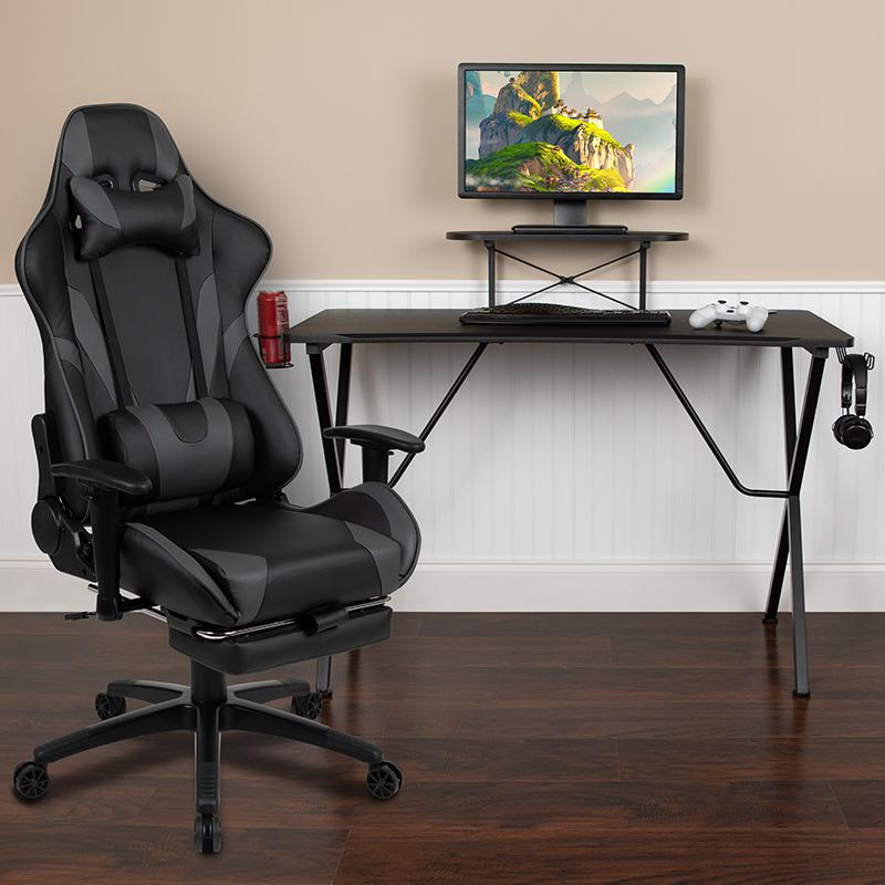 Black Gaming Desk with Cup Holder/Headphone Hook and Monitor/Smartphone Stand & Gray Reclining Gaming Chair with Footrest, Uncategorized, Goodies N Stuff