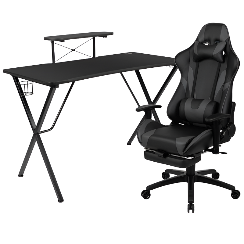 Black Gaming Desk with Cup Holder/Headphone Hook and Monitor/Smartphone Stand & Gray Reclining Gaming Chair with Footrest, Uncategorized, Goodies N Stuff