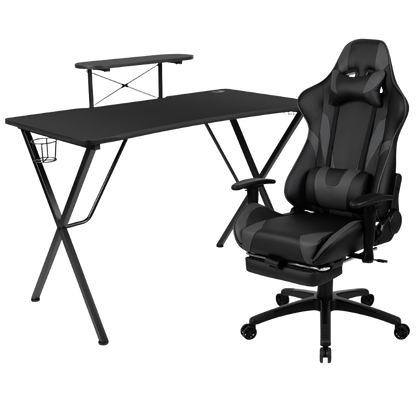 Black Gaming Desk with Cup Holder/Headphone Hook and Monitor/Smartphone Stand & Gray Reclining Gaming Chair with Footrest, Uncategorized, Goodies N Stuff