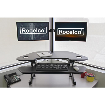Rocelco 46" Height Adjustable Corner Standing Desk Converter with Dual Monitor Arm BUNDLE - Quick Sit Stand Up Computer Workstation Riser - Extra Large Keyboard Tray - Black (R CADRB-46-DM2), Goodies N Stuff