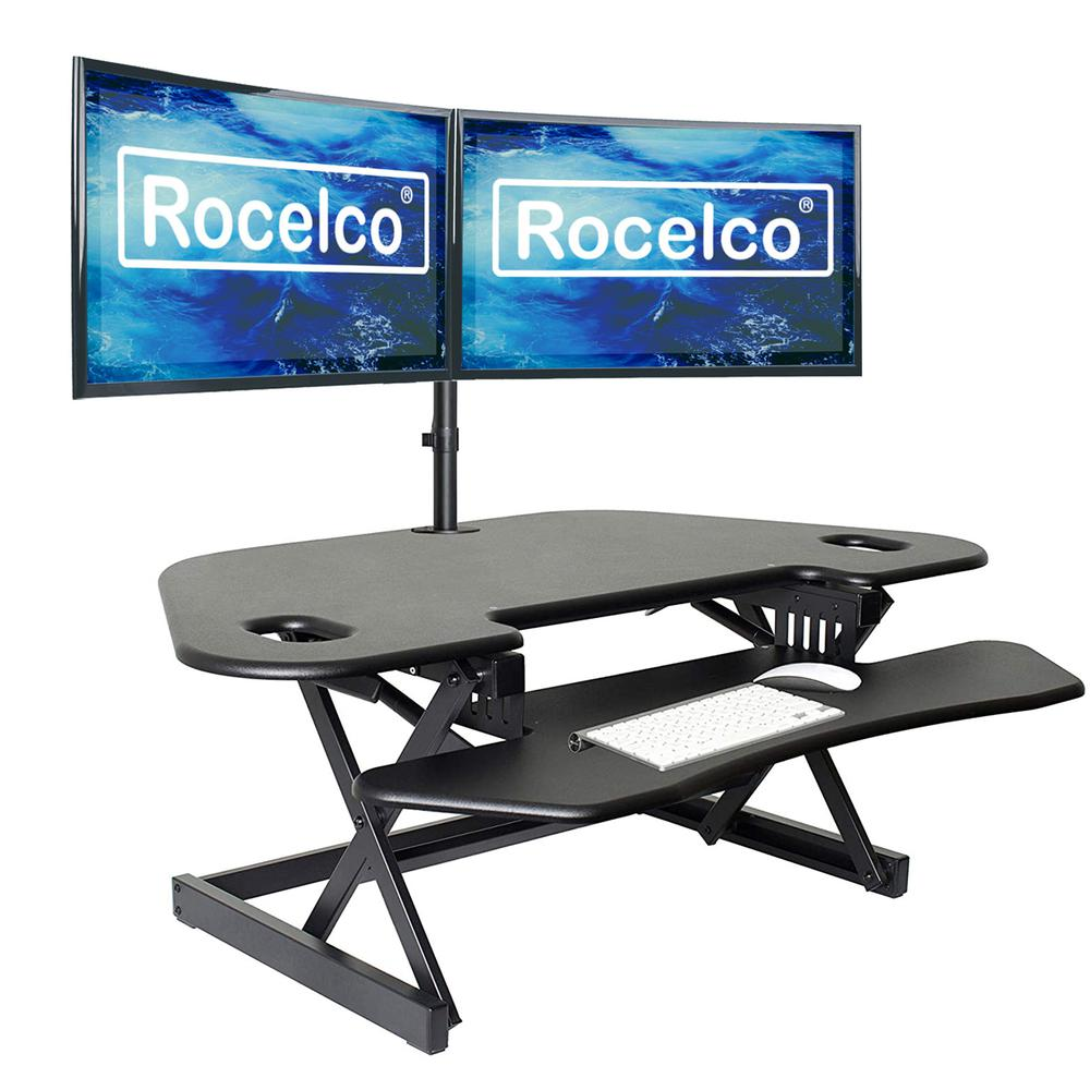 Rocelco 46" Height Adjustable Corner Standing Desk Converter with Dual Monitor Arm BUNDLE - Quick Sit Stand Up Computer Workstation Riser - Extra Large Keyboard Tray - Black (R CADRB-46-DM2), Goodies N Stuff