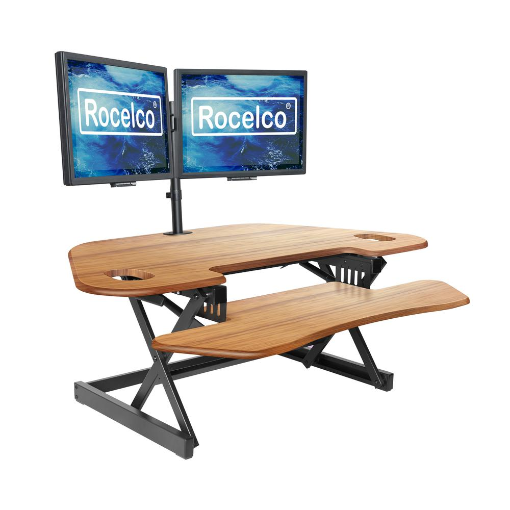 Rocelco 46" Height Adjustable Corner Standing Desk Converter with Dual Monitor Arm BUNDLE - Quick Sit Stand Up Computer Workstation Riser - Extra Large Keyboard Tray - Teak Wood Grain (R CADRG-46-DM2), Goodies N Stuff