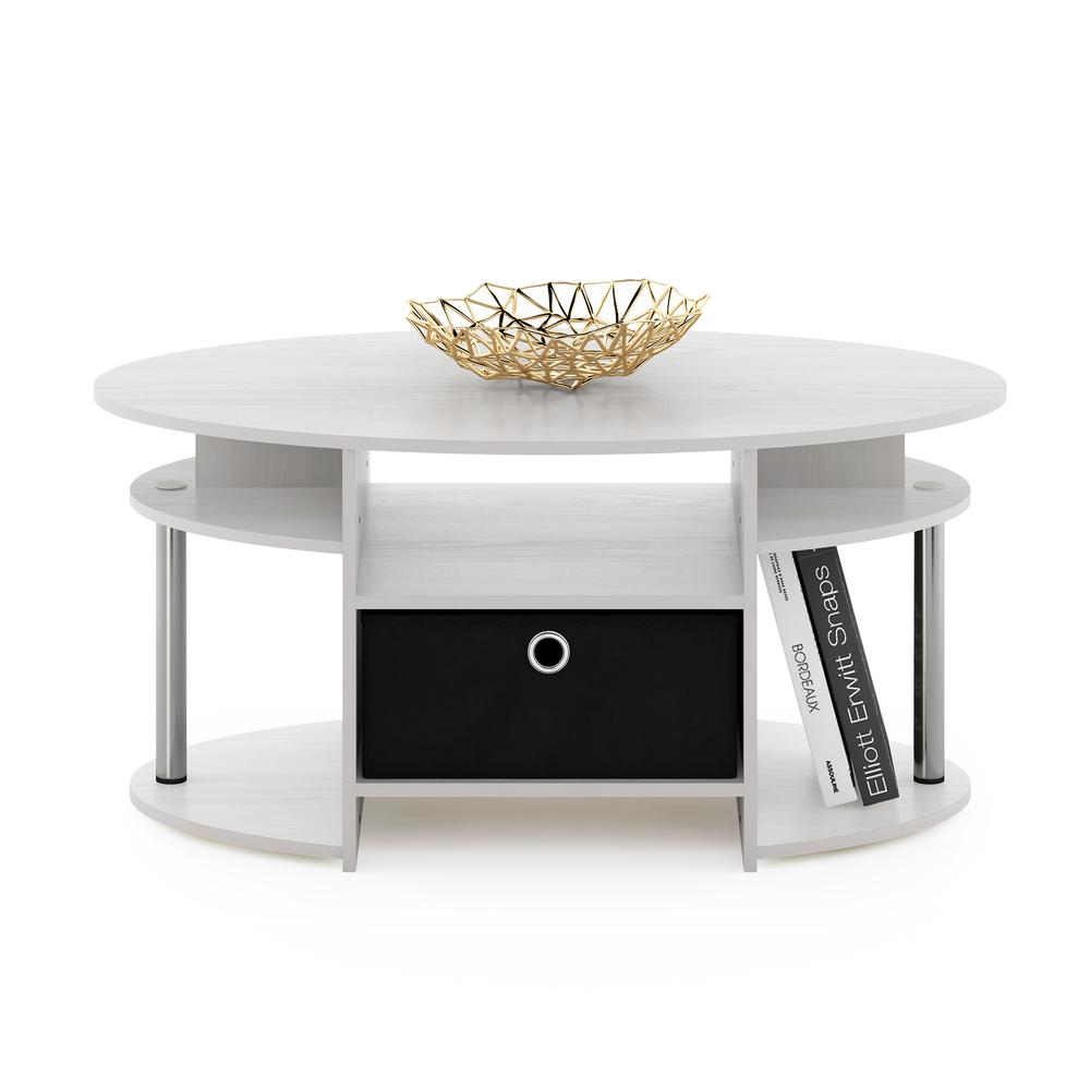 Furinno JAYA Simple Design Oval Coffee Table with Bin, White Oak, Stainless Steel Tubes, Goodies N Stuff