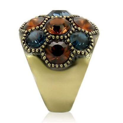 0W234 - Antique Copper Brass Ring with Top Grade Crystal  in Multi Color, Goodies N Stuff