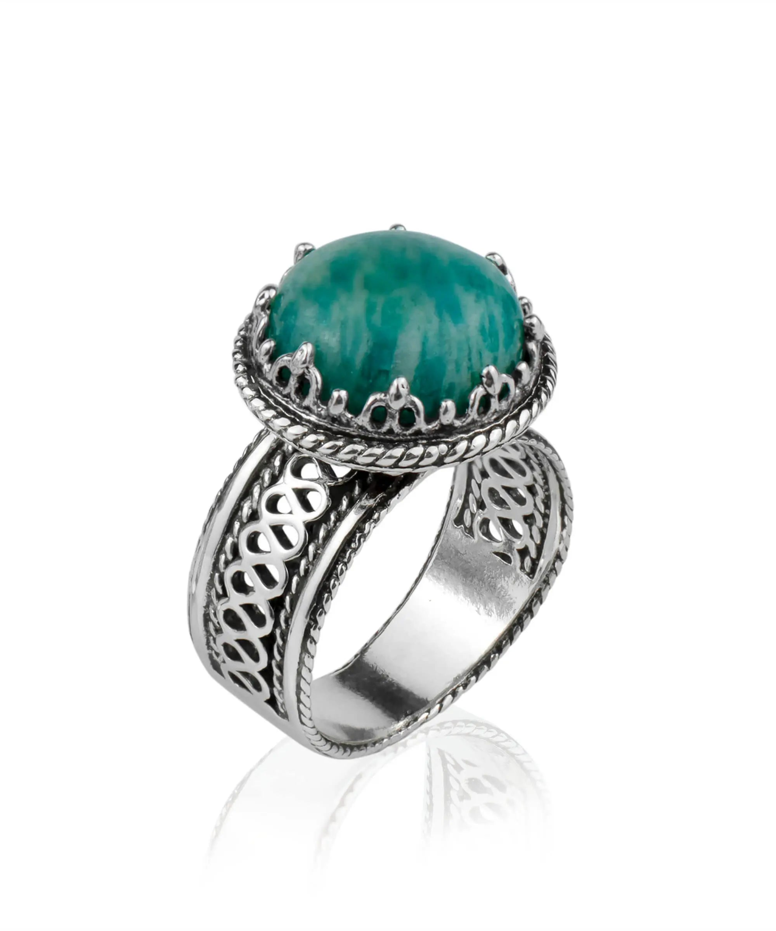 Filigree Art Amazonite Gemstone Woman Silver Cocktail Ring, Goodies N Stuff