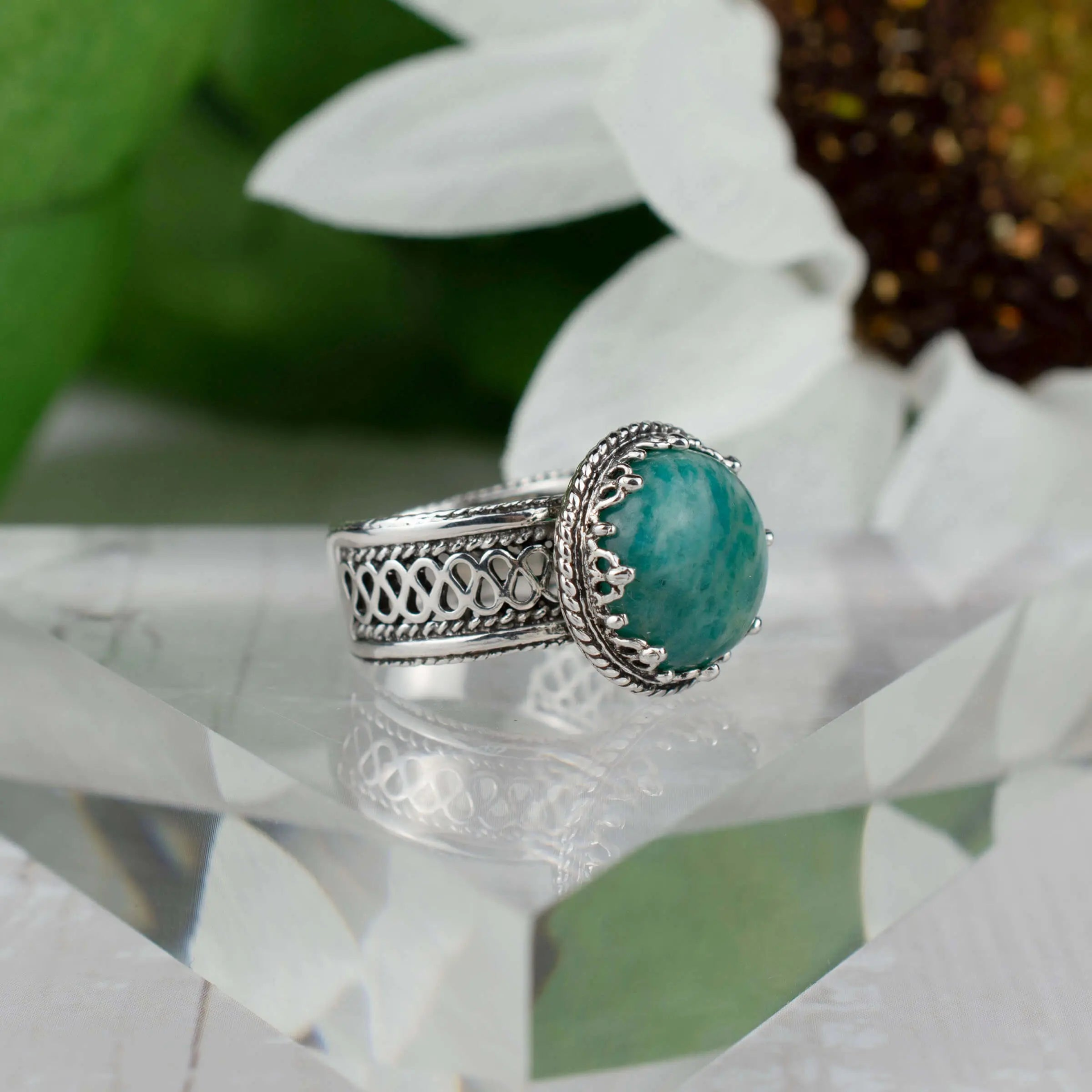 Filigree Art Amazonite Gemstone Woman Silver Cocktail Ring, Goodies N Stuff