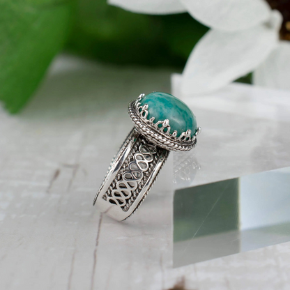 Filigree Art Amazonite Gemstone Woman Silver Cocktail Ring, Goodies N Stuff