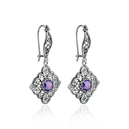 Sterling Silver Filigree Art Amethyst Gemstone Women Dangle Drop Earrings, Goodies N Stuff